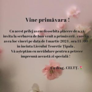 Vă invităm vineri pe data de 1 martie 2024 să celebrăm ziua națională a mărțișorului