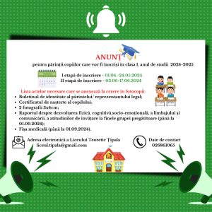 ANUNȚ pentru părinții copiilor care vor fi înscriși în clasa I, anul de studii 2024-2025