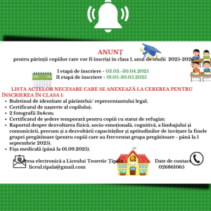 Înscrierea copiilor în clasa I, anul de studii 2025-2026
