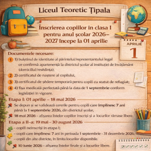 Înscrierea copiilor în clasa I pentru anul școlar 2026-2027 începe la 01 aprilie